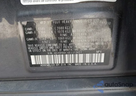 2011 Subaru Outback 2.5I Premium from USA, damaged, VIN 4S4BRBBC6B3373431